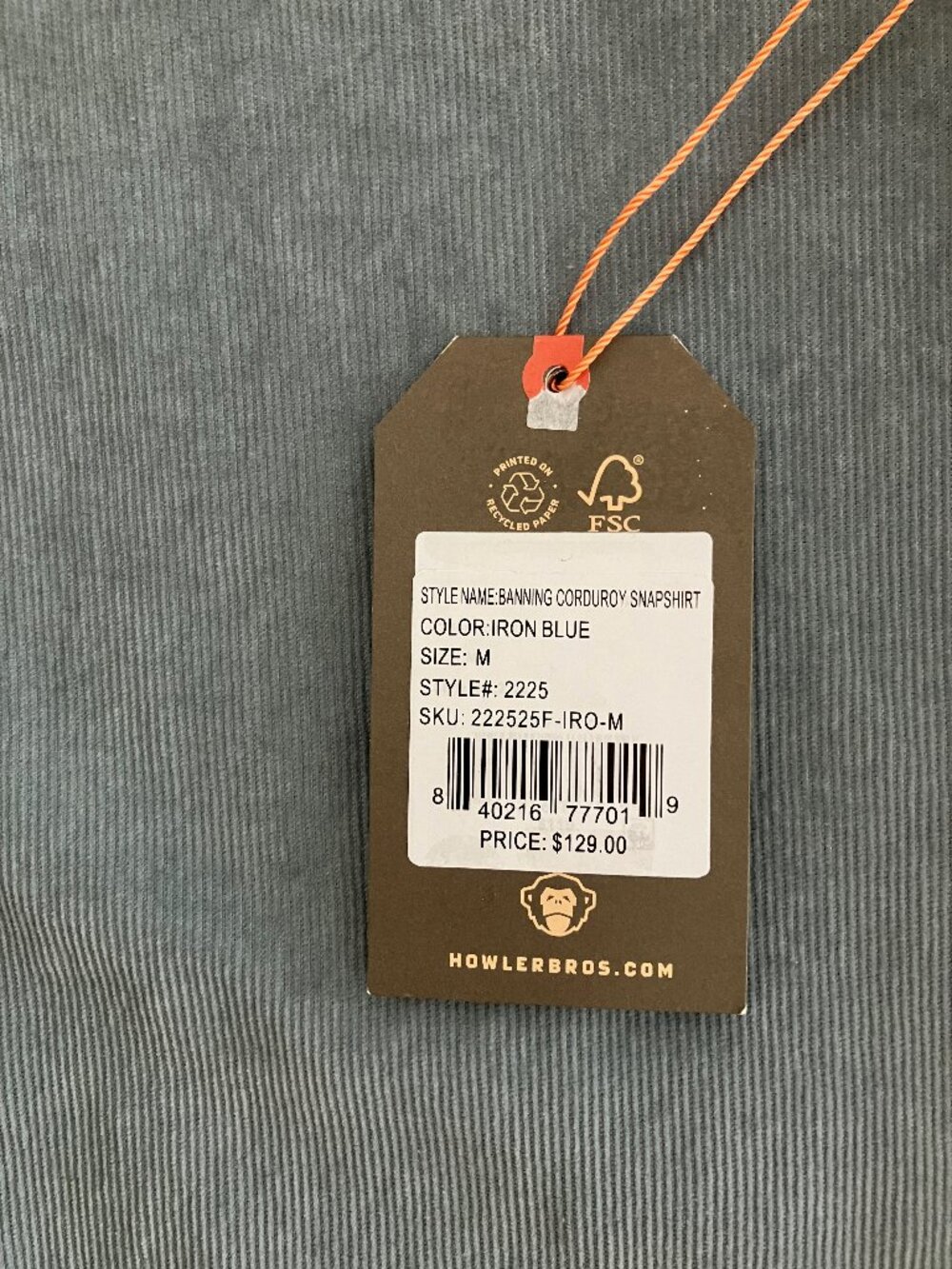Howler Bros Brothers Banning Corduroy Snapshirt Mens M NWT MSRP$129 Iron Blue - Picture 4 of 12